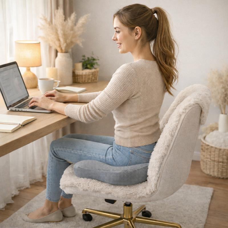 Une femme utilise le Coussin Coccyx mémoire de forme avec housse grise
