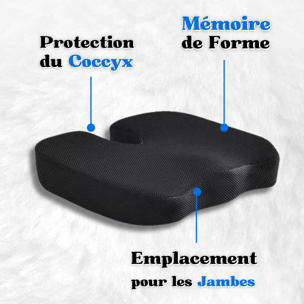 Coussin Coccyx mémoire de forme avec housse noir en 3 détails