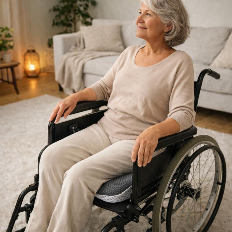 Une femme assise sur le Coussin Anti-Escarre Fauteuil Roulant gris