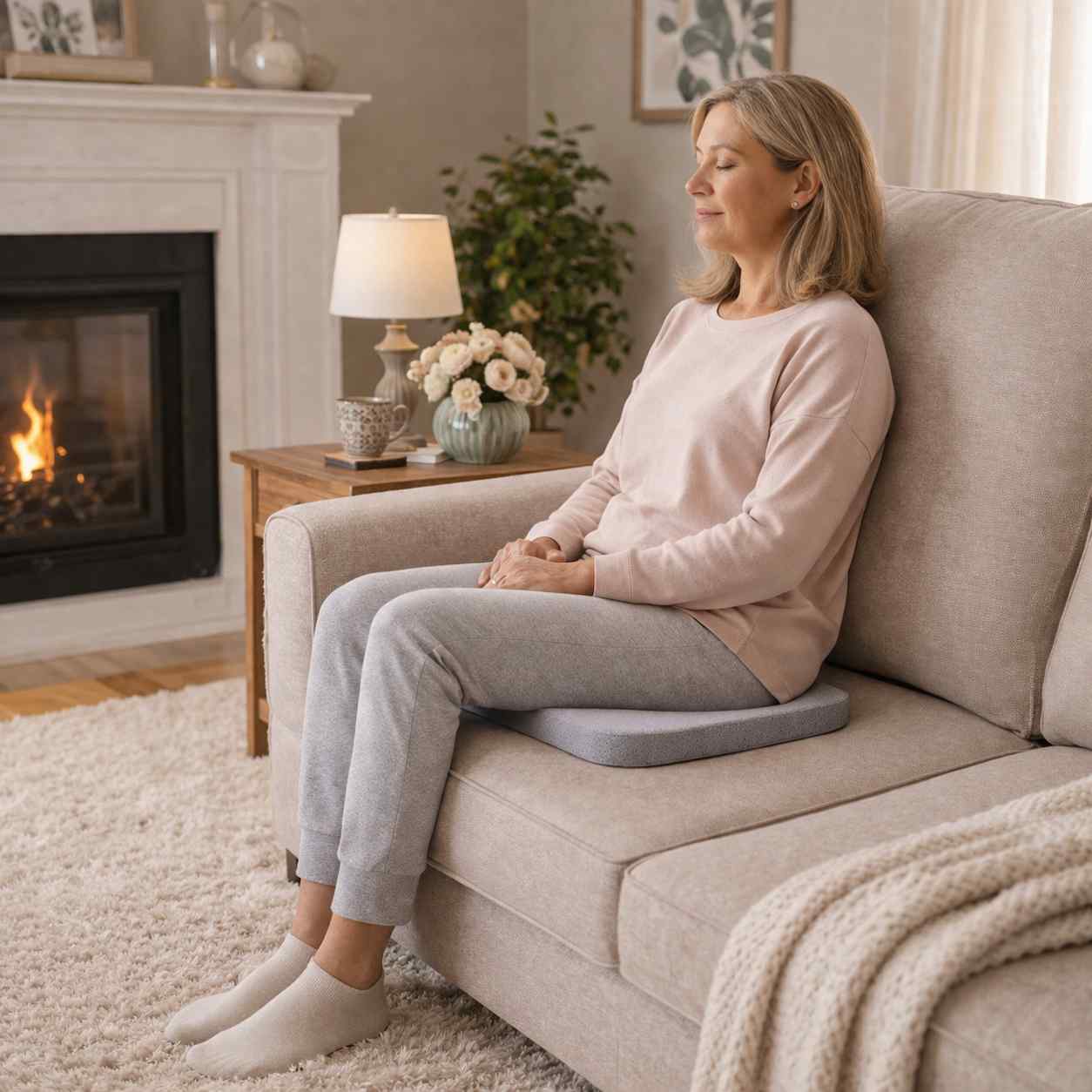 Une femme utilise le Coussin Anti-Escarre mémoire de forme  gris
