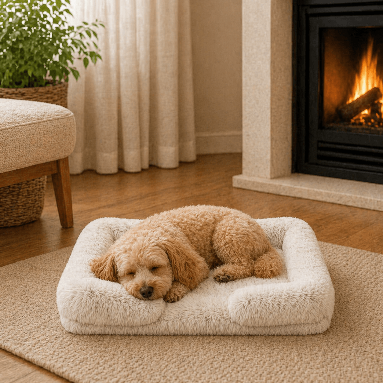 Un chien couché sur le Coussin Anti-stress Déhoussable Crème pour Chien