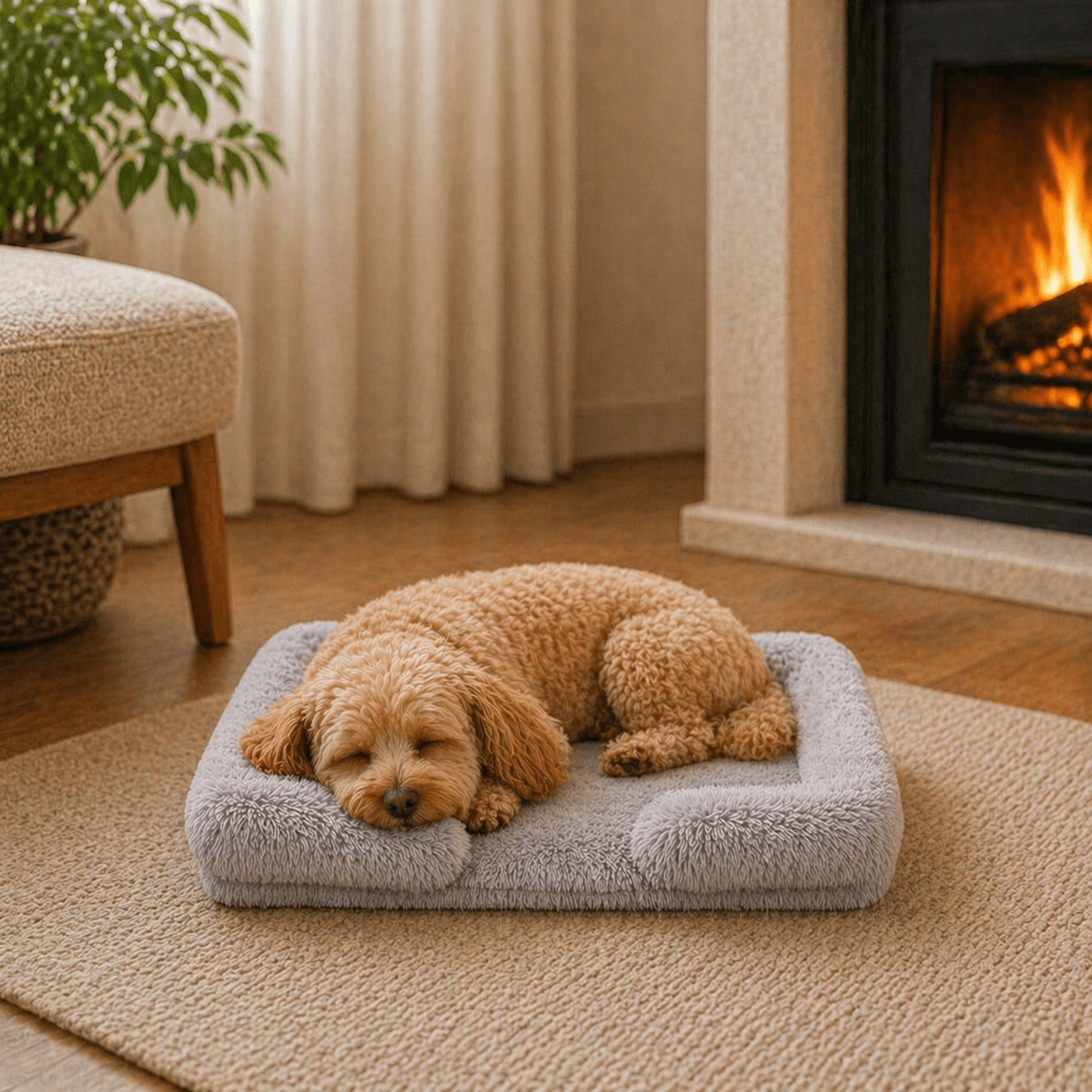 Un chien couche sur le Coussin Anti-stress Déhoussable Gris pour Chien
