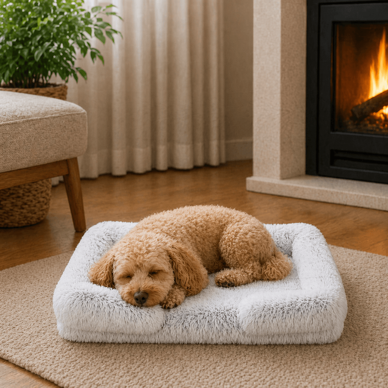 Un chien couché sur le Coussin Anti-stress Déhoussable Neige pour Chien 