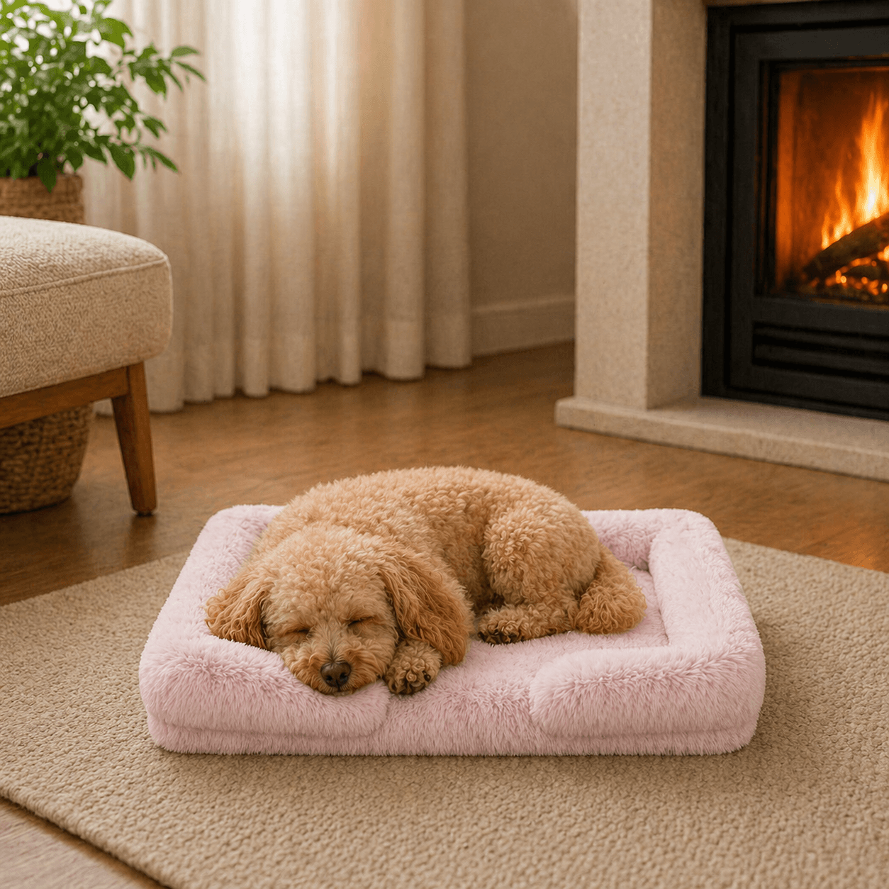 Un chien couché sur le Coussin Anti-stress Déhoussable Rose Clair pour Chien 