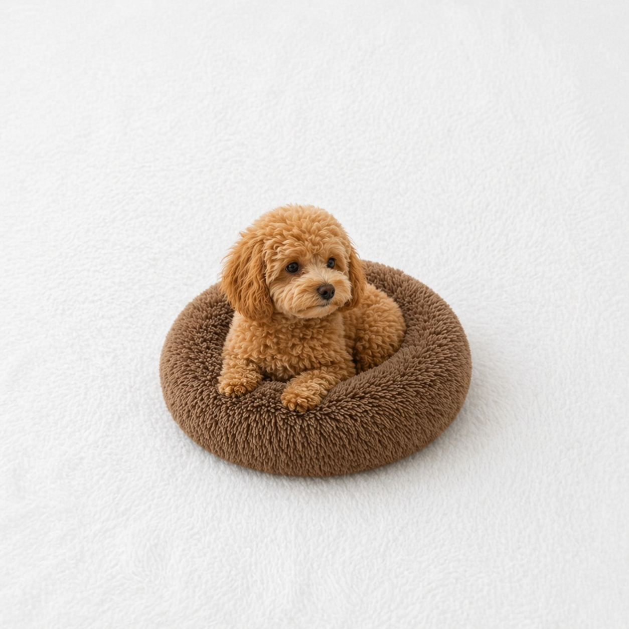 Un chien assis sur le Coussin Anti-stress pour Chien Marron