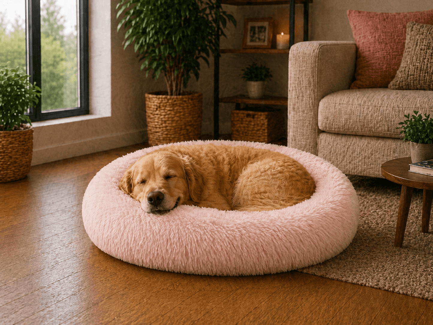 Un chen assis sur le Coussin Anti Stress pour Chien Rose Pâle