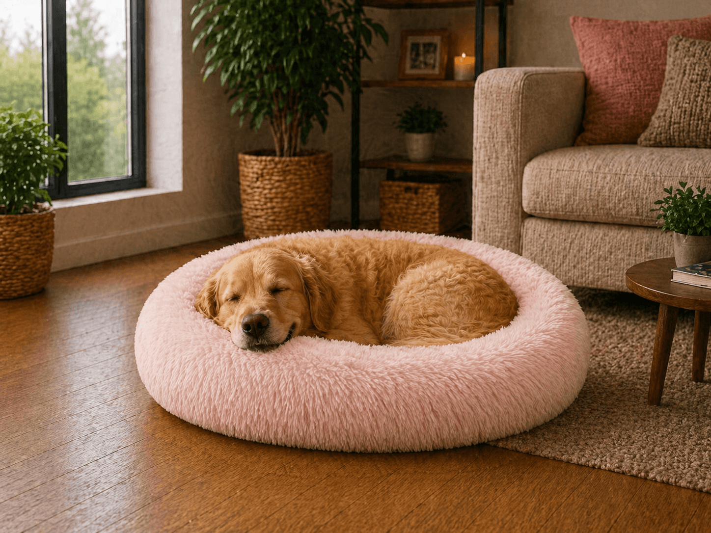 Un chen assis sur le Coussin Anti Stress pour Chien Rose Pâle