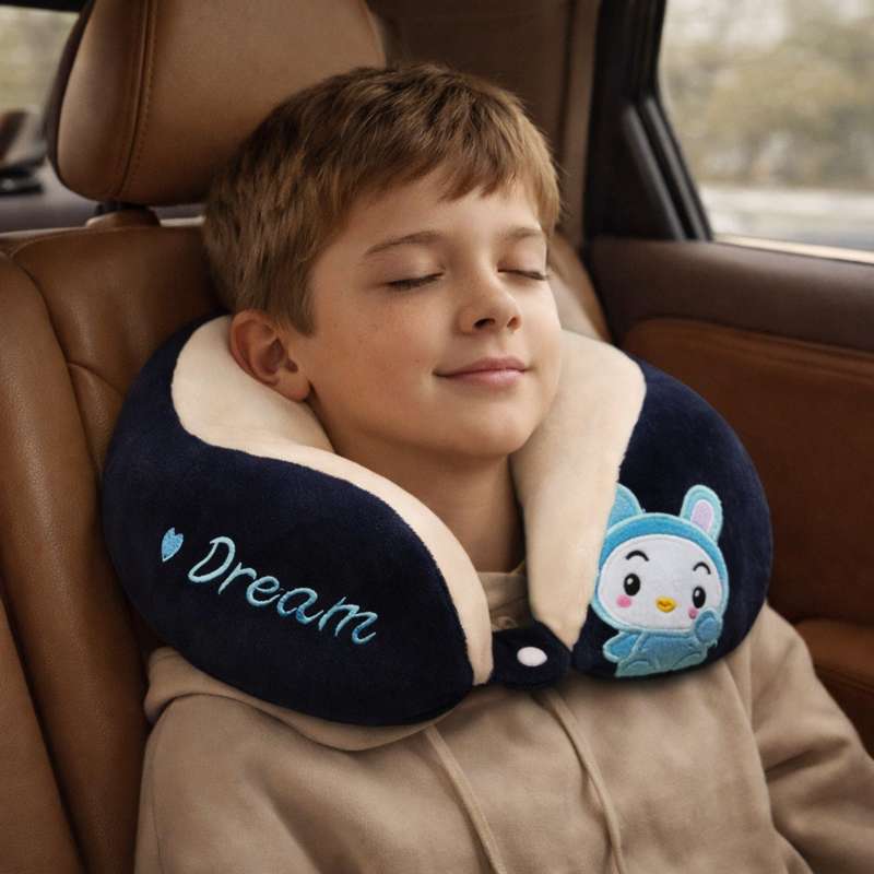 Un enfant porte le Coussin Avion Enfant marine 