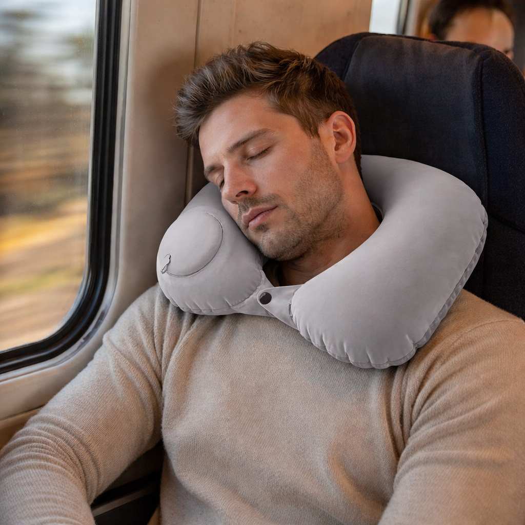 Un homme utilise le Coussin Avion Gonflable​ Facile gris
