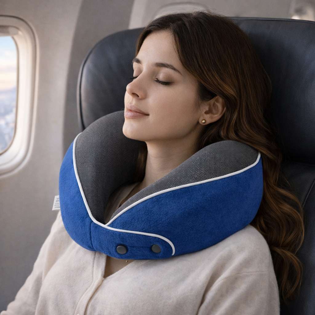Une femme porte e Coussin Avion Mémoire de Forme​ bleu