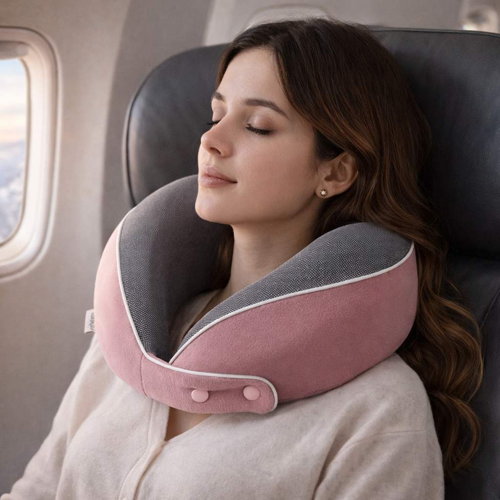 Une femme utilise le Coussin Avion Mémoire de Forme​ rose