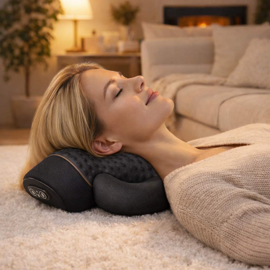 Une femme utilise le Coussin Cervical Chauffant Confort Zone