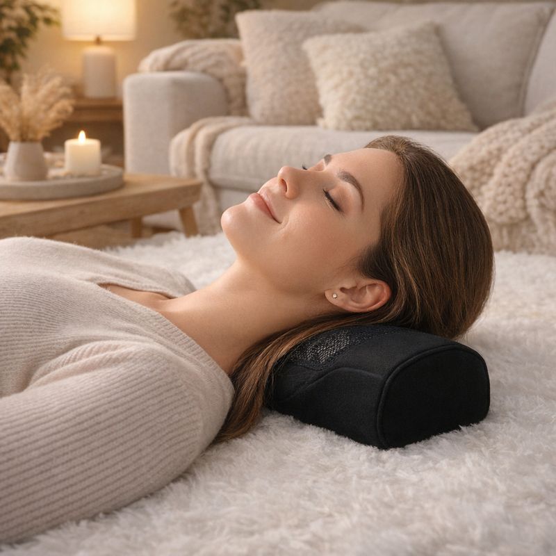Une femme utilise le Coussin Cervical Massant​ Noir 