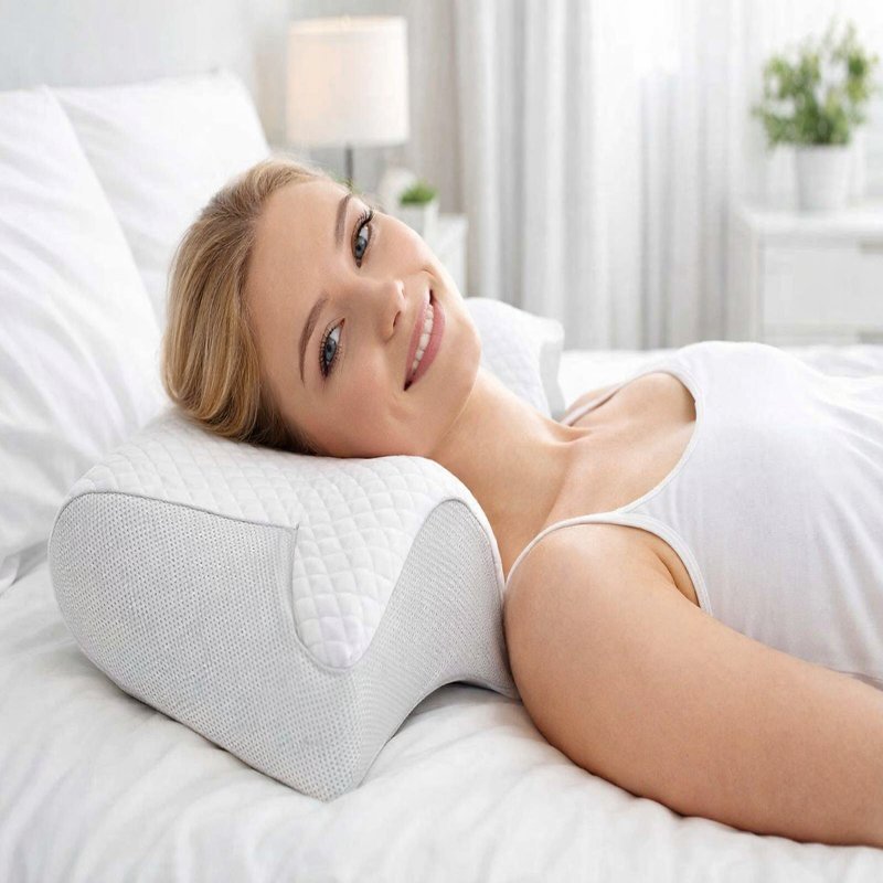 Une femme utilise le Coussin Cervical Pharmacie Blanc