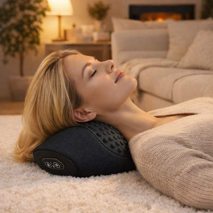 Ue femme utilise le Coussin Chauffant Cervicales Pharmacie​ noir