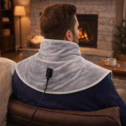 un homme porte le Coussin Chauffant Cervicales Électrique 