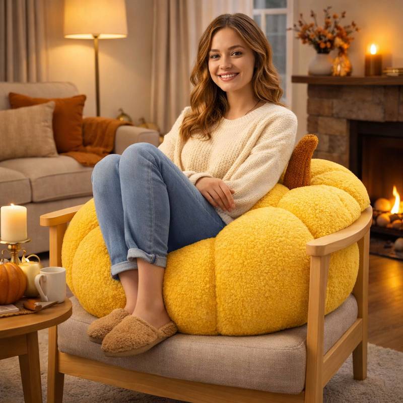 Une femme assise sur le Coussin Citrouille jaune