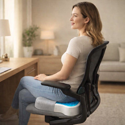 Une femme utilise le Coussin Coccyx gel gris