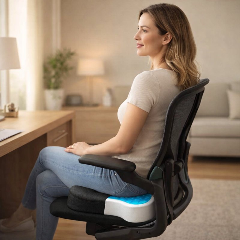 Une femme utilise le Coussin Coccyx gel noir