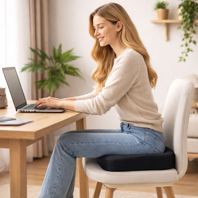 Une femme utilise le Coussin Coccyx mémoire de forme noir 