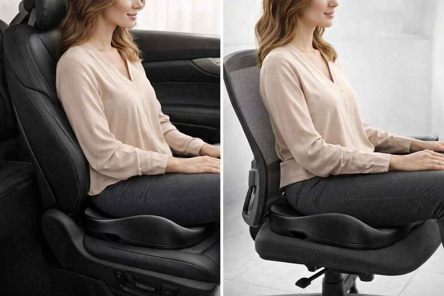 Une femme utilise le Coussin Coccyx massant pour voiture noir