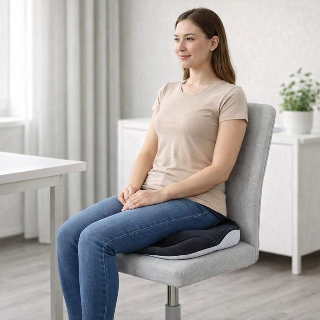 Une femme utilise le Coussin Ergonomique Hémorroïdes noir