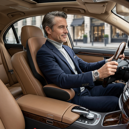 Un homme assis sur le Coussin Ergonomique pour Voiture marron​