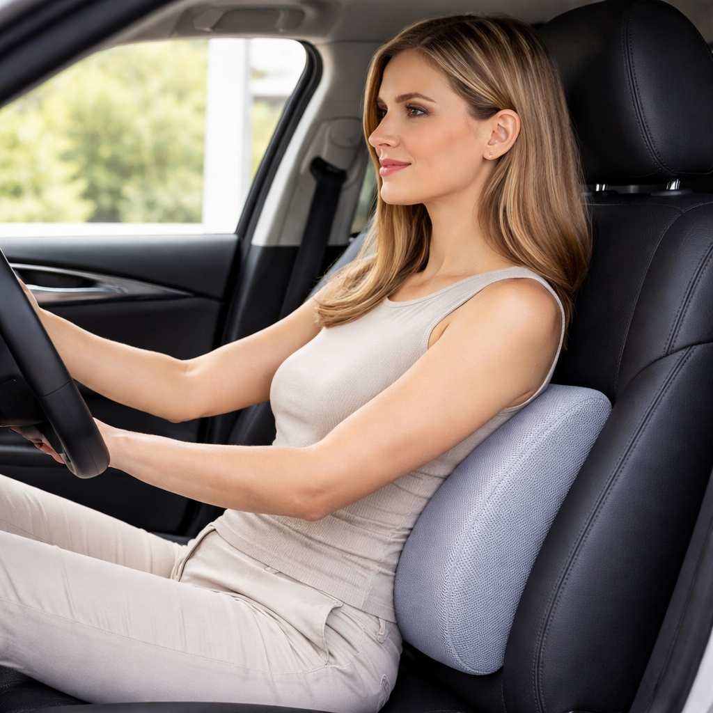 Une femme utilise le Coussin Lombaire Voiture Gris