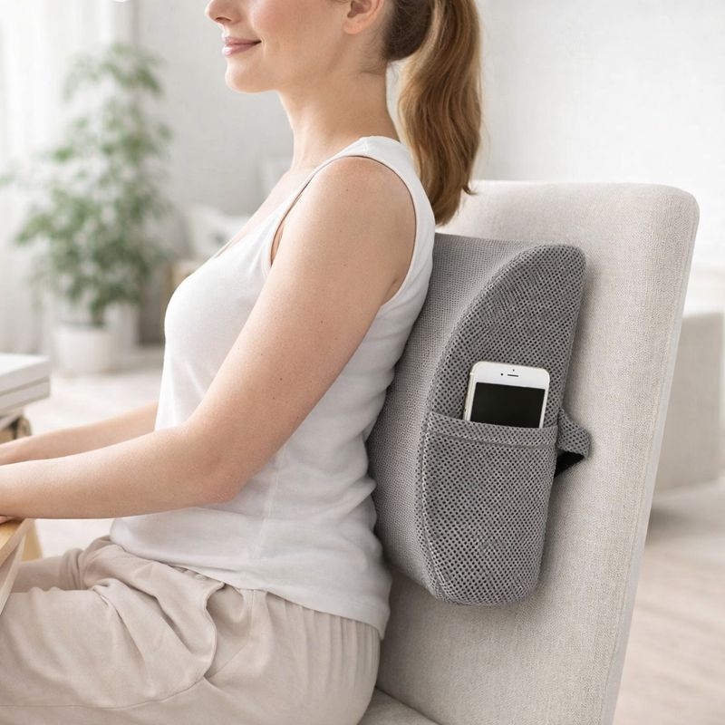 Une femme utilise le Coussin Lombaire avec Rangement gris