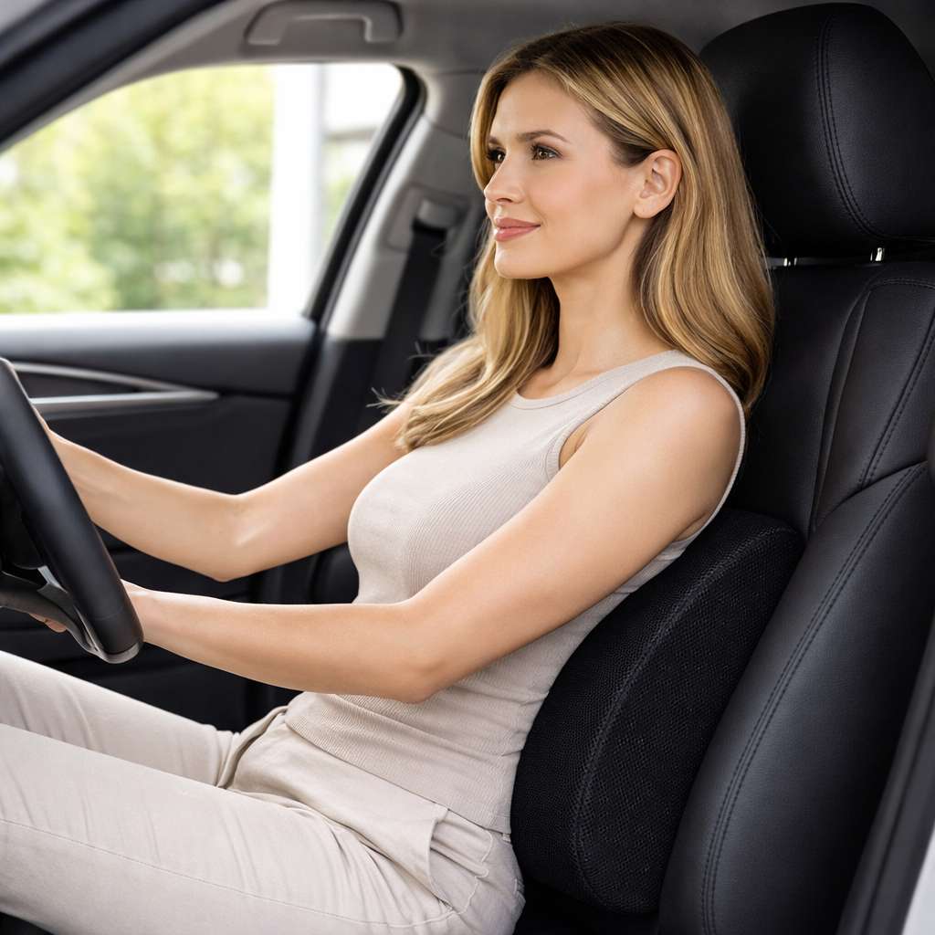 Une femme utilise leCoussin Lombaire mémoire de forme noir 