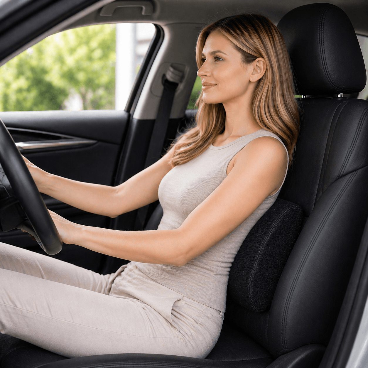 Une femme utilise le Coussin Lombaire mémoire de forme noir