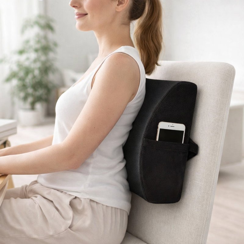 Une femme utilise le Coussin Lombaire pour Rangement noir