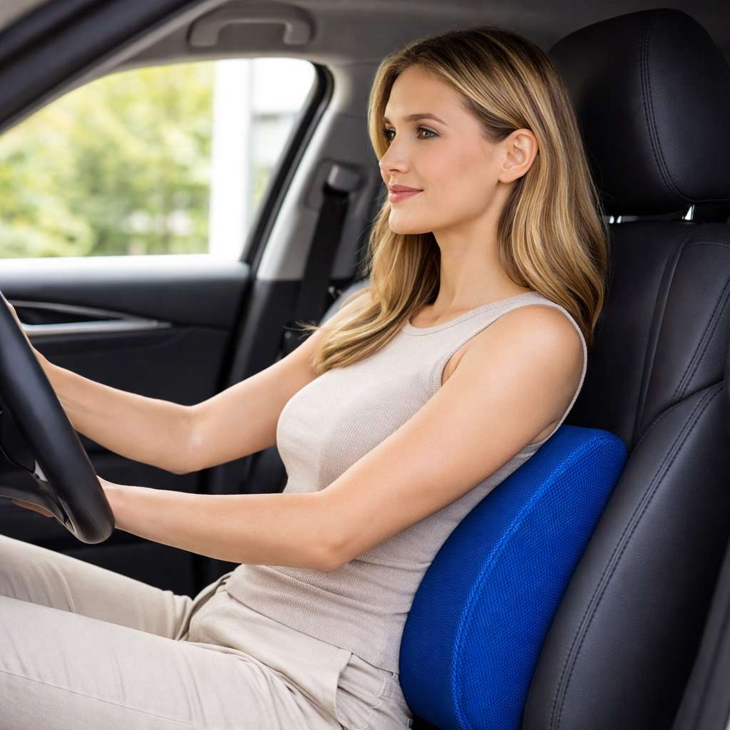 Une femme utilise le Coussin Lombaire pour Voiture Bleu
