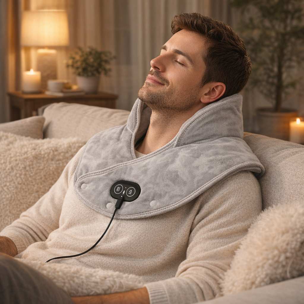 Un homme porte le Coussin Massant Chauffant Cervicales Électrique​ 