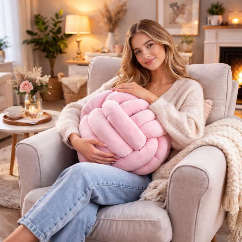 Une femme utilise le Coussin Noeud​ Rose pastel