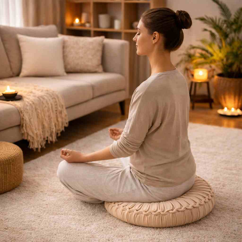 Une femme assise sur le Coussin Yoga Méditation Beige