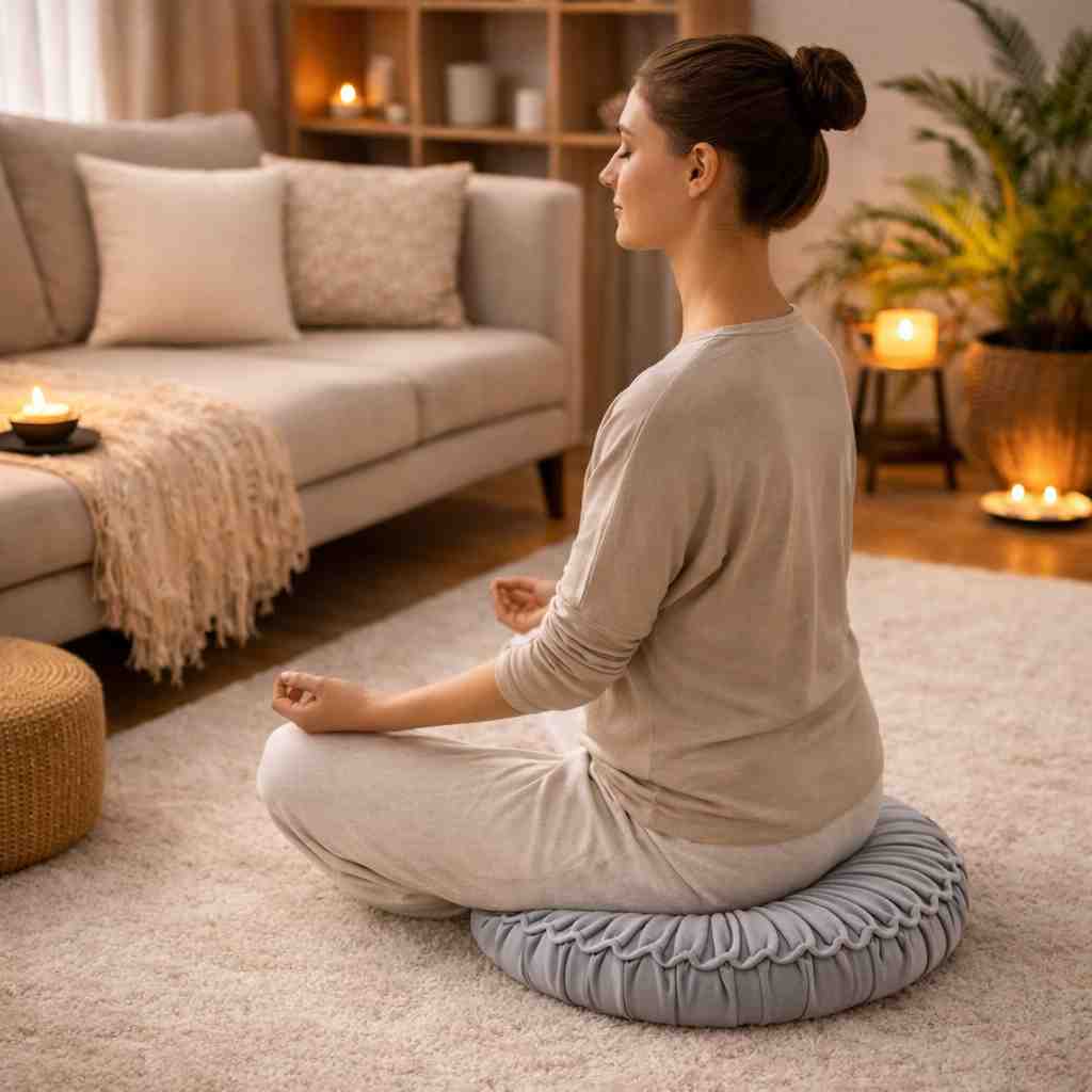Une femme assise sur le Coussin Yoga Méditation Gris