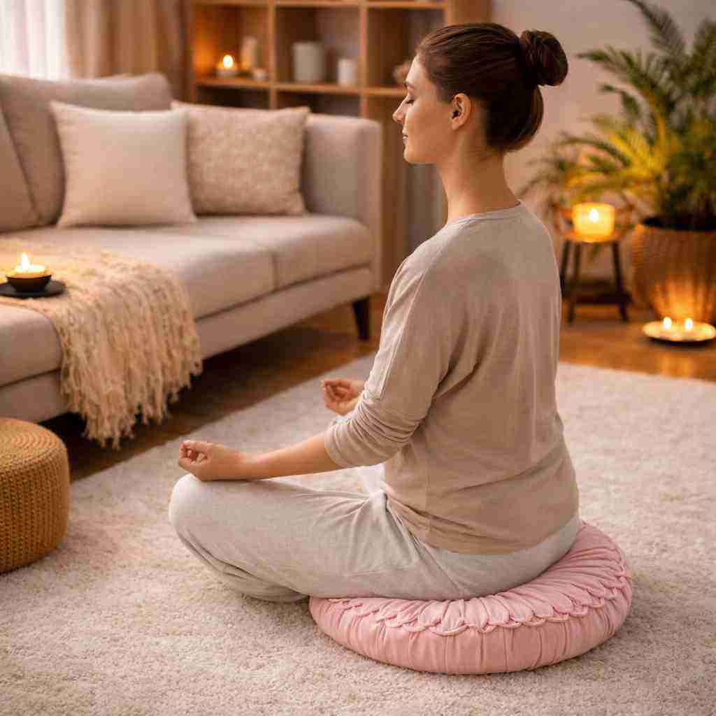 Une femme assise sur le Coussin Yoga Méditation Rose