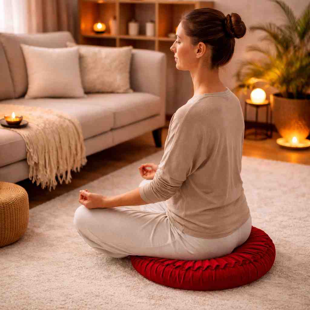 Une femme assise sur le Coussin Yoga Méditation Rouge