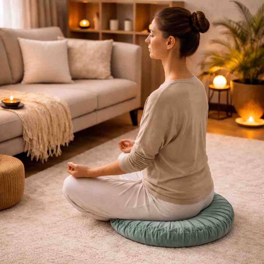 Une femme assise sur le Coussin Yoga Méditation Vert​ 