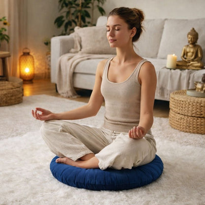 Une femme assise sur le Coussin Yoga Rond​ Marine
