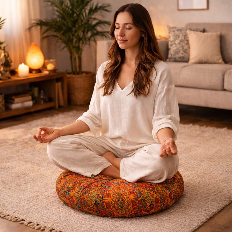 Une femme assise sur le Coussin Yoga Rond Orange
