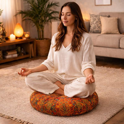 Une femme assise sur le Coussin Yoga Rond Orange