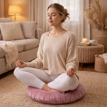 Une femme assise sur le Coussin Yoga Rond​ Rose