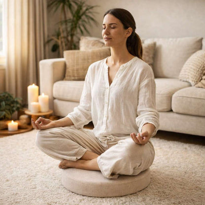 Une femme assise sur le Coussin Yoga d'Assise beige