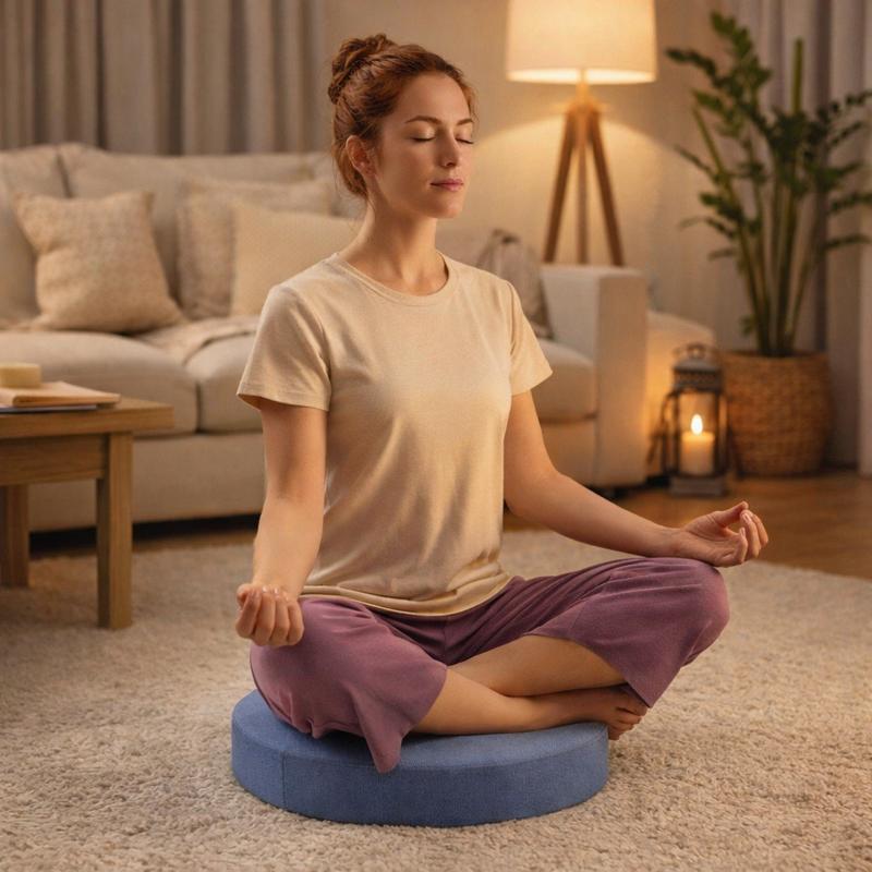 Une femme assise sur e Coussin Yoga d'Assise bleu