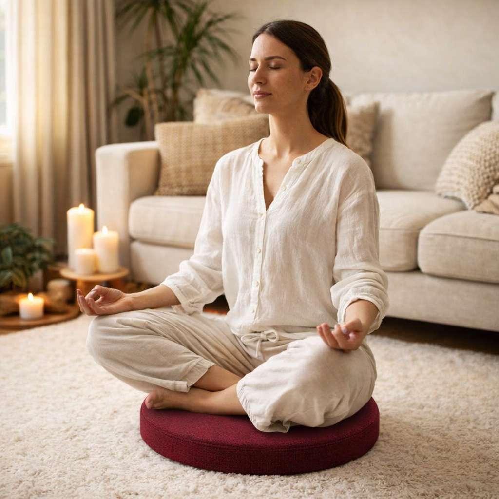 Une femme porte le Coussin Yoga d'Assise bordeaux