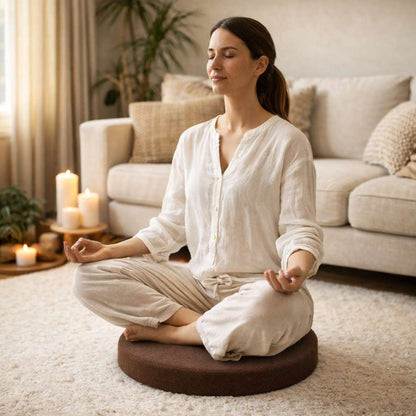 Une femme assise sur e Coussin Yoga d'Assise marron