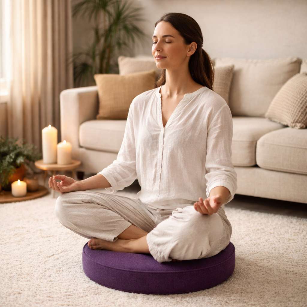 Une femme assise sur le Coussin Yoga d'Assise mauve