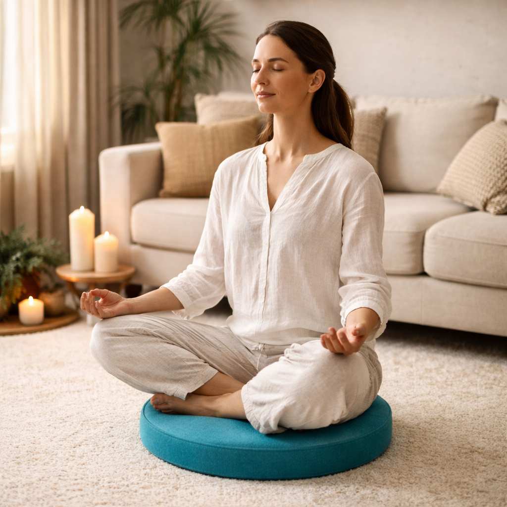 Une femme assise sur le Coussin Yoga d'Assise turquoise